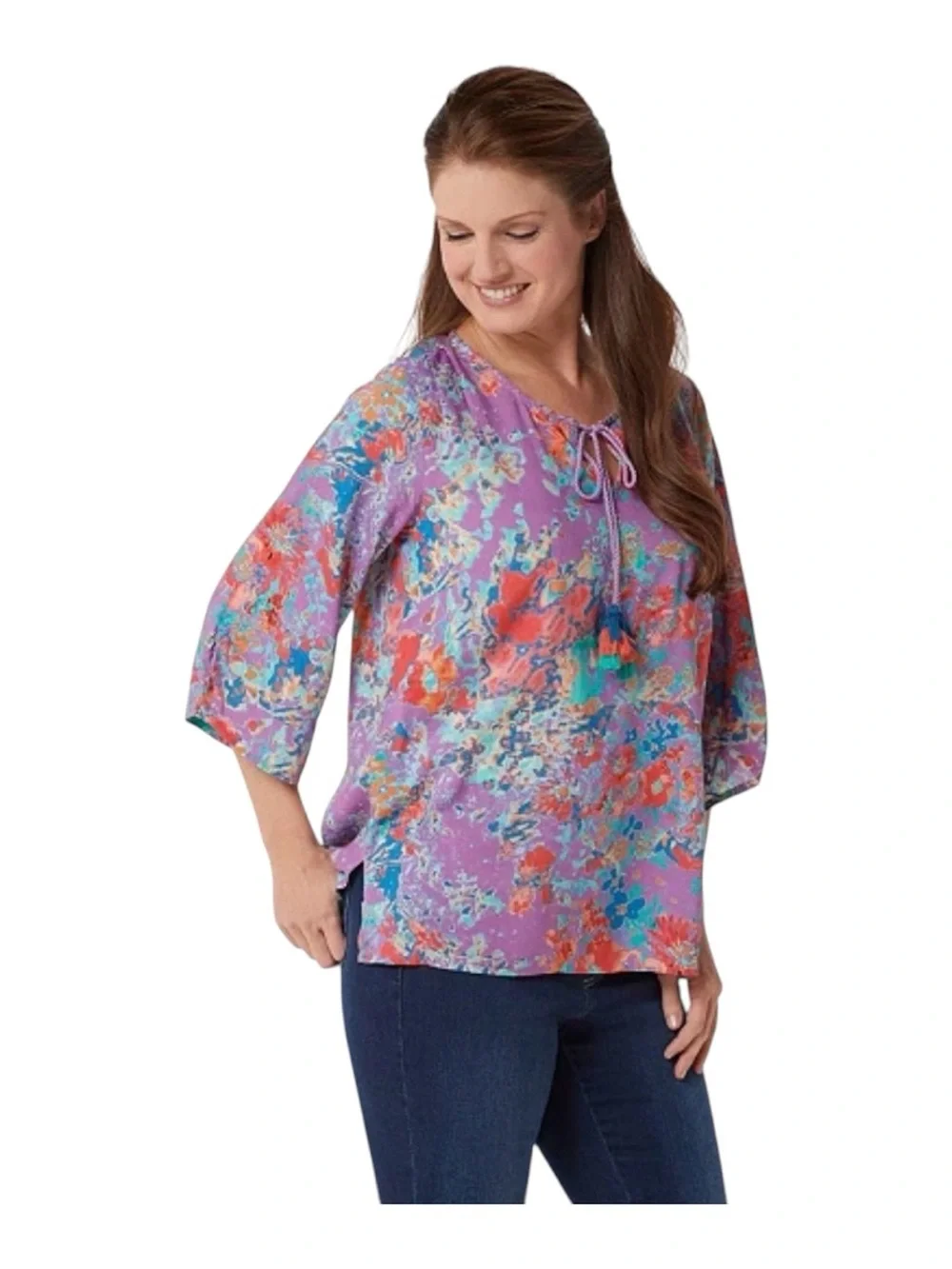 Tolani Collection Edith Modal Top Size 2X Purple Floral 3/4 Sleeves Tassels New - Picture 2 of 15